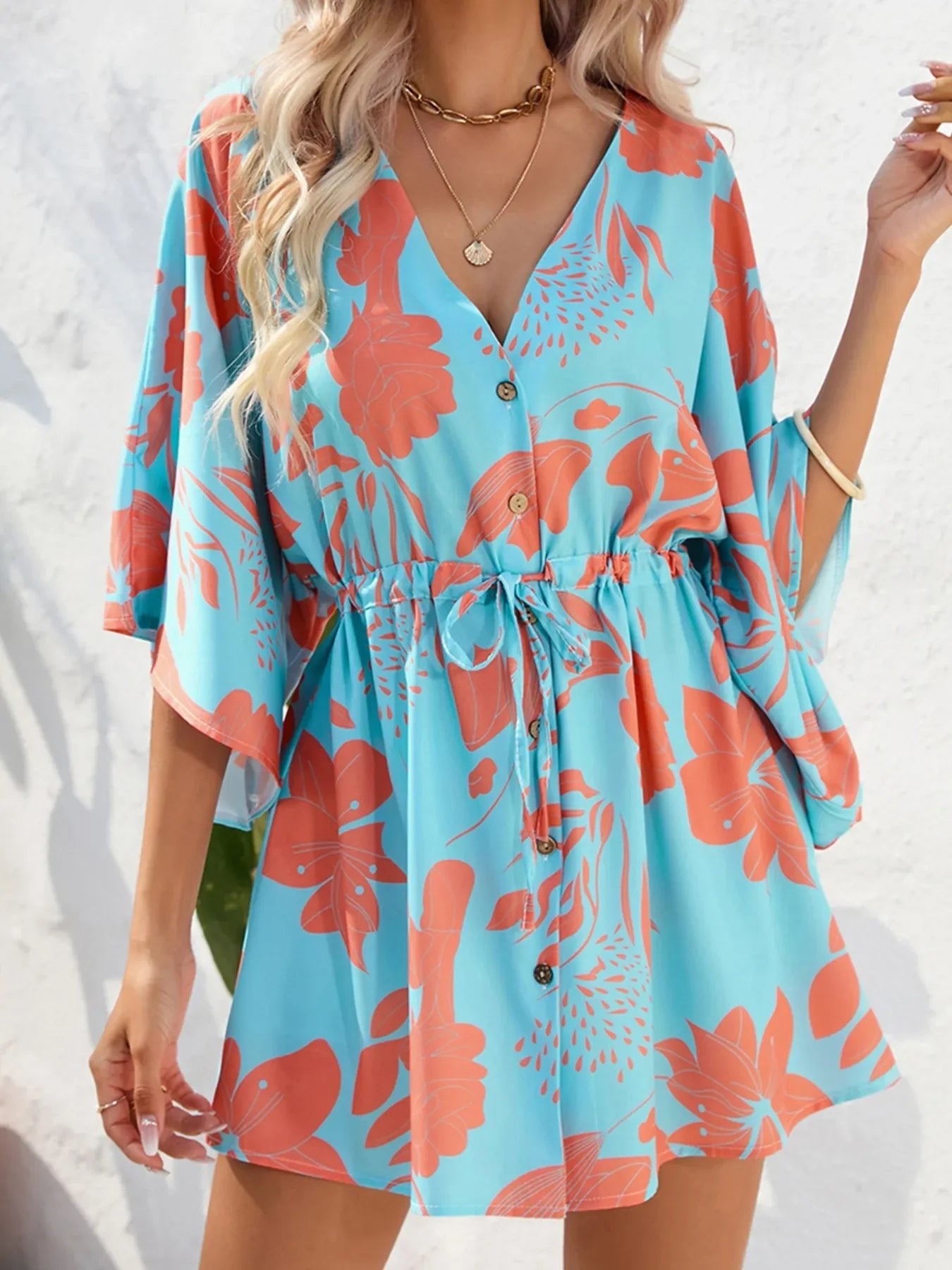 Color Block Drawstring Waist Button Up Dress - GISTMI