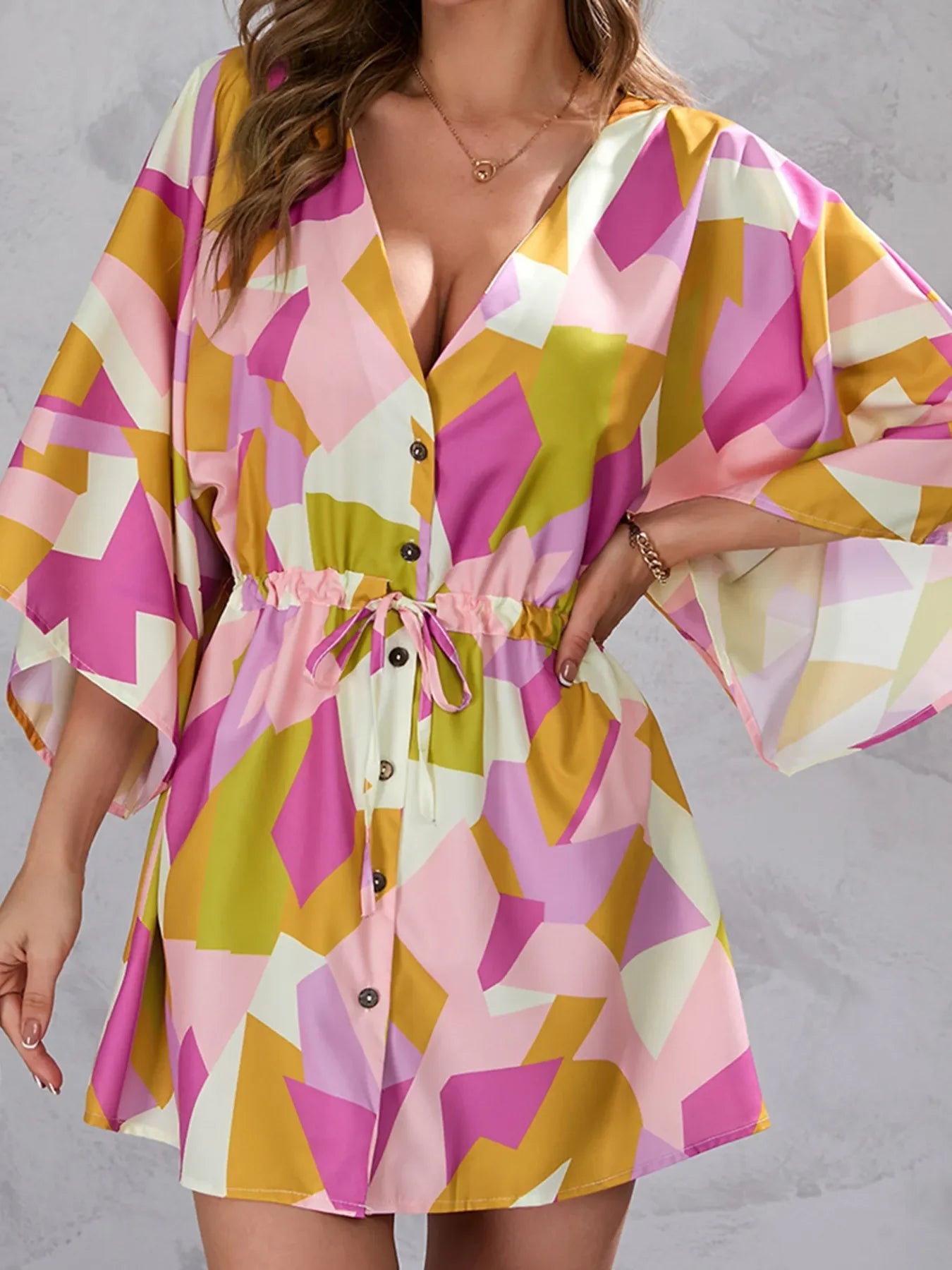 Color Block Drawstring Waist Button Up Dress - GISTMI