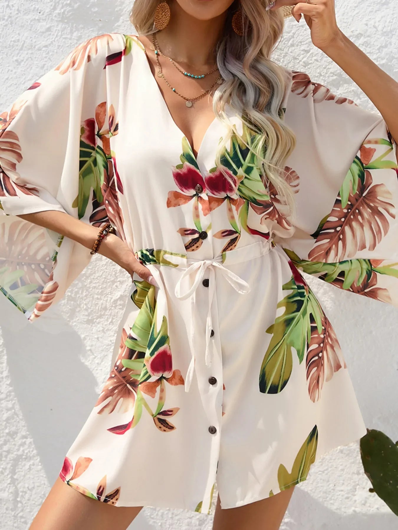 Color Block Drawstring Waist Button Up Dress - GISTMI