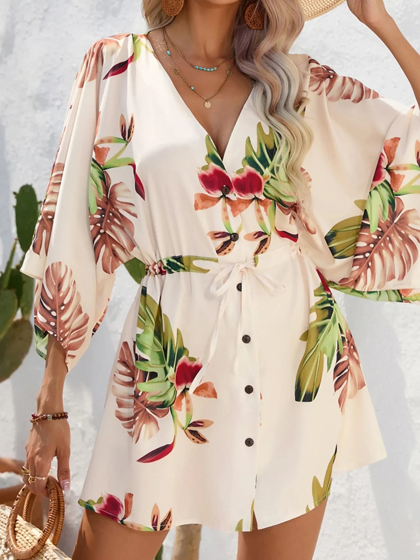 Color Block Drawstring Waist Button Up Dress - GISTMI