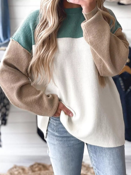 Color Block Plain Ribbed Knit Sweatshirt - GISTMI