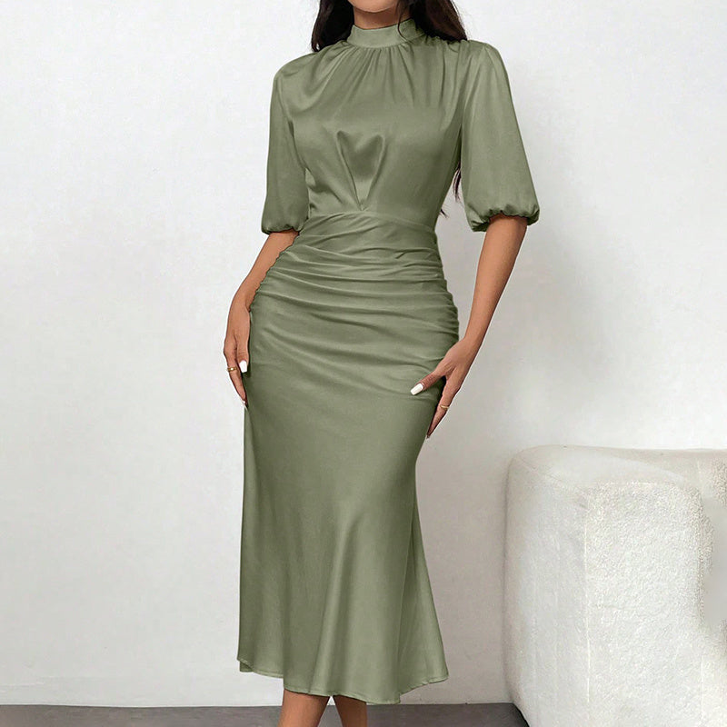 Elegant Mock-Neck Short-Sleeve Ruched Midi Dress
