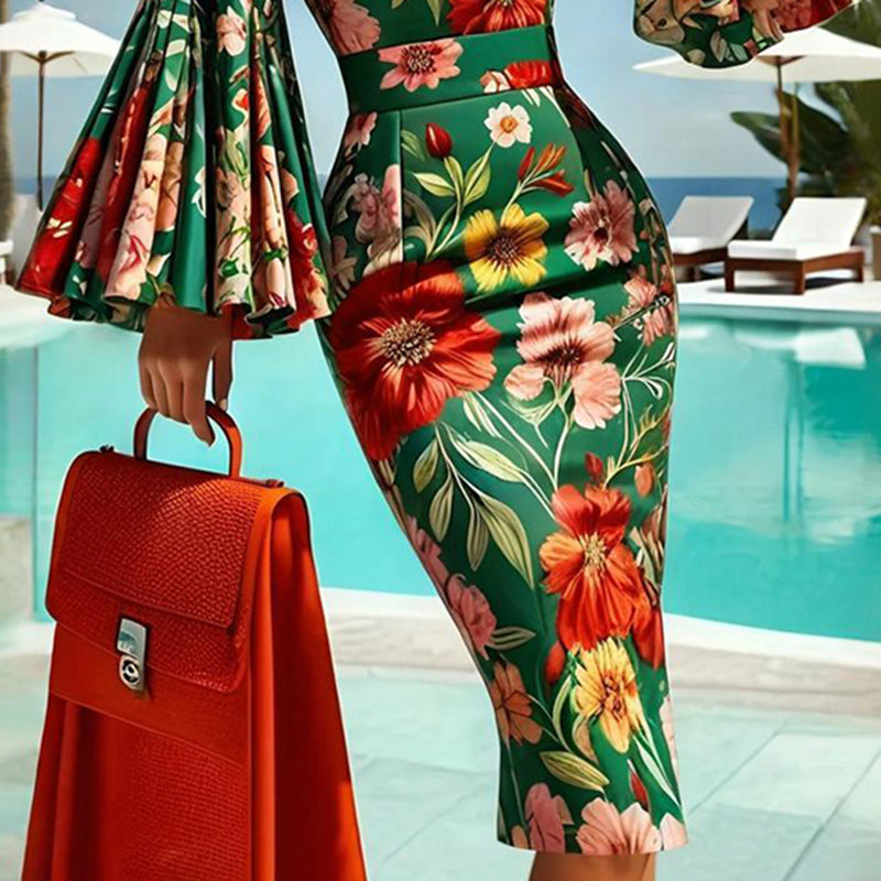 Person wearing a floral dress with a red bag by a poolside