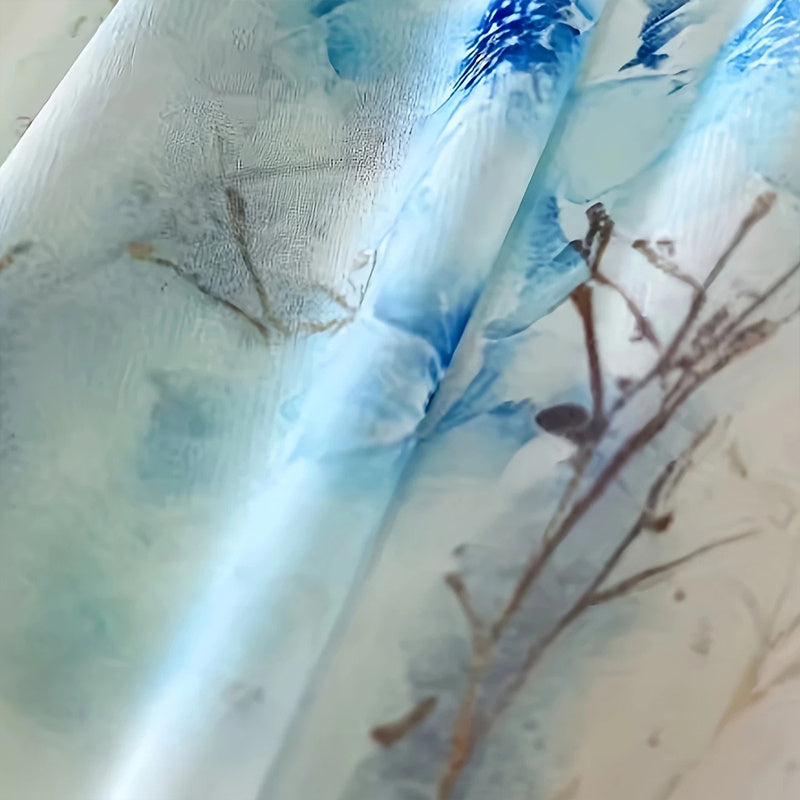 Close-up of fabric with blue and brown abstract design