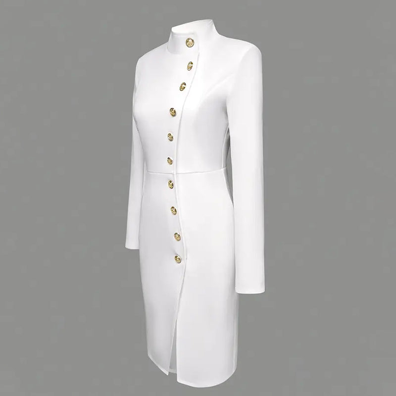 Elegant solid-color long sleeve bodycon dress with stand collar and golden button placket front view