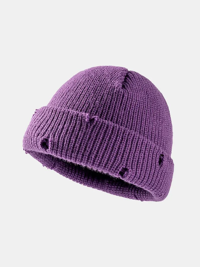 Distressed Cuffed Knit Hat – Cozy Acrylic Beanie for Streetwear & Winter Style - GISTMI