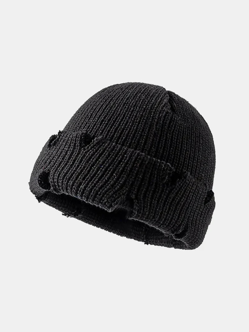 Distressed Cuffed Knit Hat – Cozy Acrylic Beanie for Streetwear & Winter Style - GISTMI