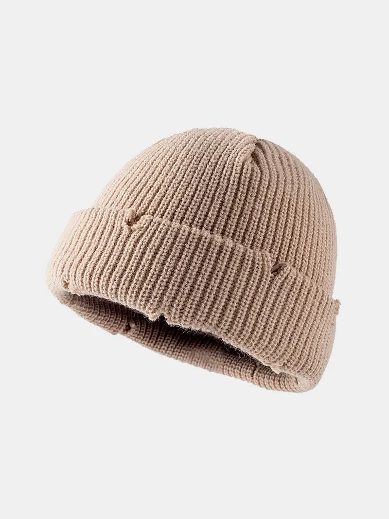 Distressed Cuffed Knit Hat – Cozy Acrylic Beanie for Streetwear & Winter Style - GISTMI
