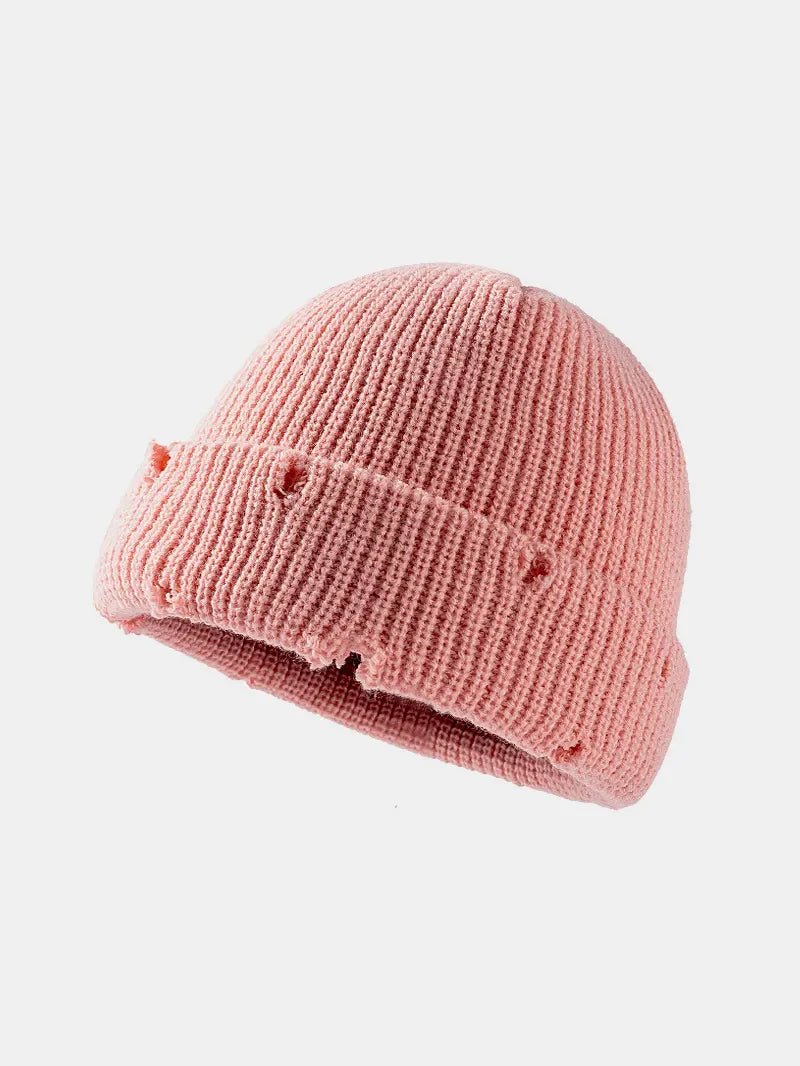 Distressed Cuffed Knit Hat – Cozy Acrylic Beanie for Streetwear & Winter Style - GISTMI
