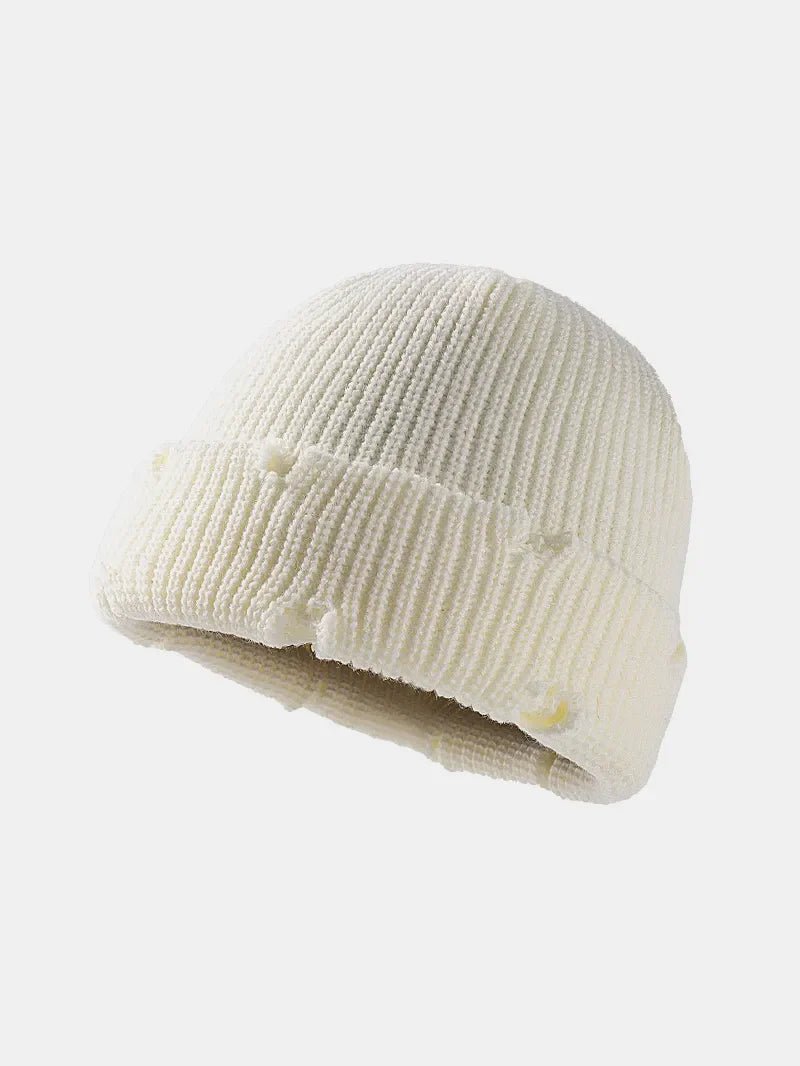 Distressed Cuffed Knit Hat – Cozy Acrylic Beanie for Streetwear & Winter Style - GISTMI