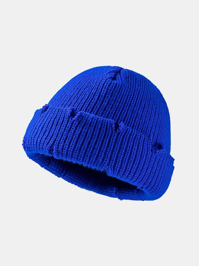 Distressed Cuffed Knit Hat – Cozy Acrylic Beanie for Streetwear & Winter Style - GISTMI