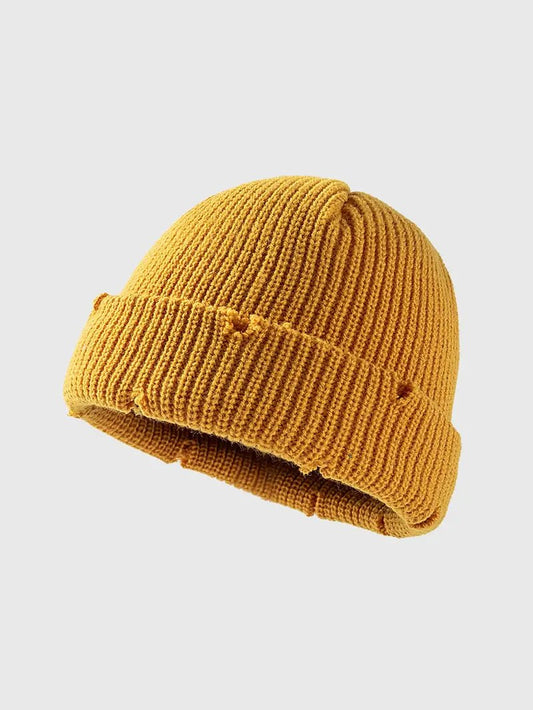 Distressed Cuffed Knit Hat – Cozy Acrylic Beanie for Streetwear & Winter Style - GISTMI
