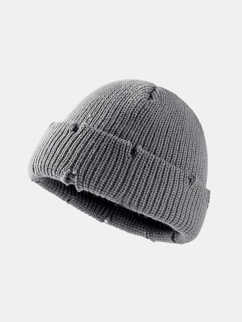 Distressed Cuffed Knit Hat – Cozy Acrylic Beanie for Streetwear & Winter Style - GISTMI