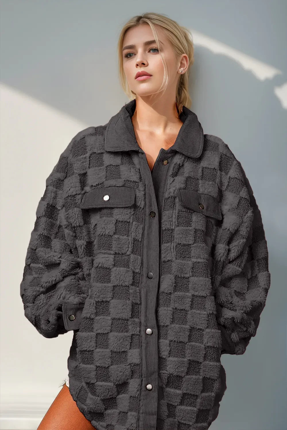Double Take Button Up Fuzzy Checkered Shacket - GISTMI