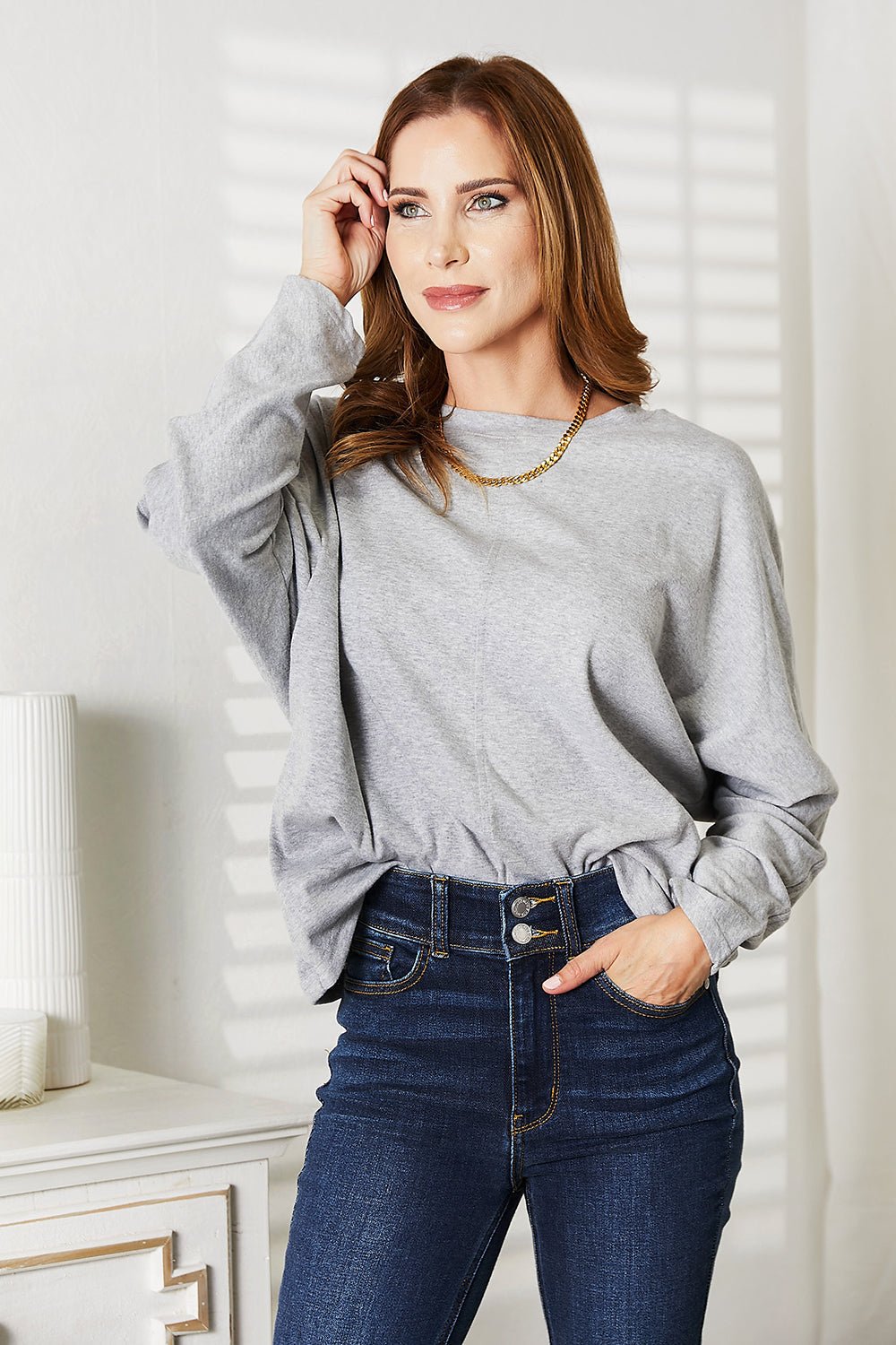 Double Take Seam Detail Round Neck Long Sleeve Top - GISTMI