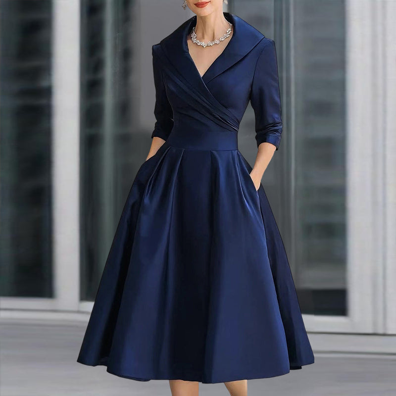 Women’s elegant solid-color midi dress with cross V-neck, flared skirt and side pockets