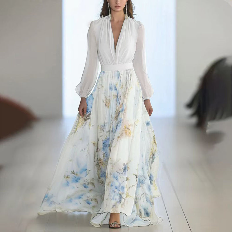 Effortless Boho Chic: Deep V-Neck Floral Maxi Dress with Long Sleeves & Ruffle Hem