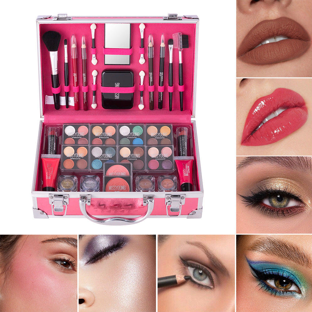 Makeup set in a pink case with various makeup items and close-ups of makeup application.