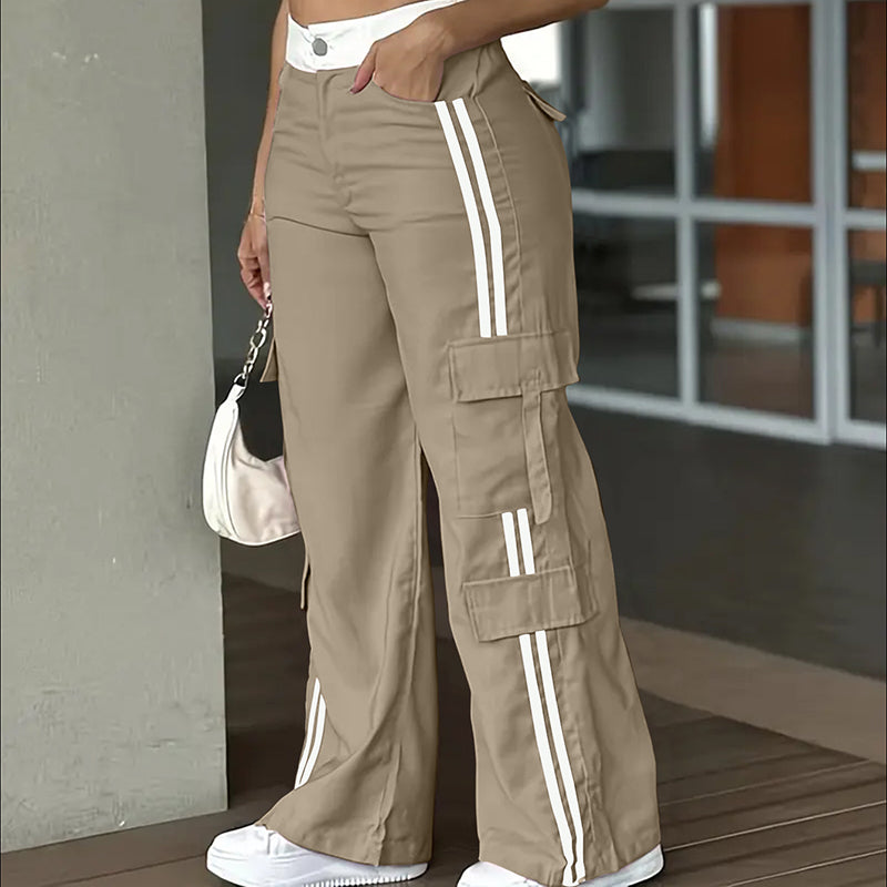 Women’s striped straight-leg pants with button zip and pockets