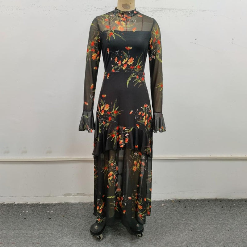 Women’s Floral Print Mesh Maxi Dress – Flare Sleeves & Tiered Ruffles (Boho Casual)