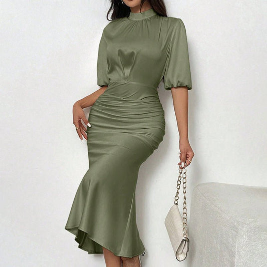 Elegant Mock - Neck Short - Sleeve Ruched Midi Dress - GISTMI