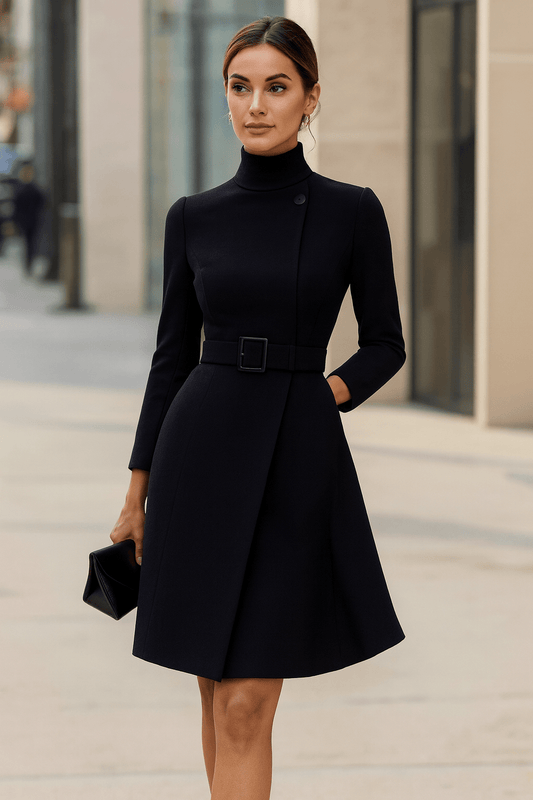Elegant Stand - Collar Belted Midi Dress - GISTMI