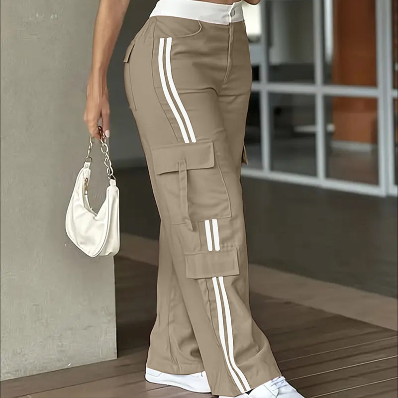 Women’s striped straight-leg pants with button zip and pockets