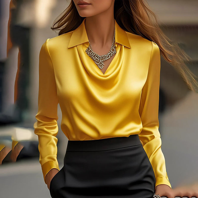 Elegant Long-Sleeve Lapel Blouse with Ruched Chest Detail – Solid Colo