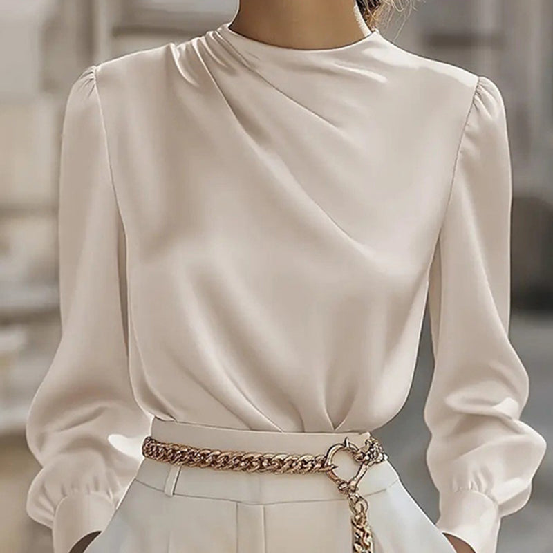 Women’s Pleated Long Sleeve Blouse – Round Neck Business Casual Work Top