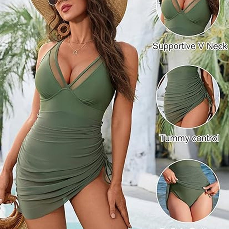 Woman wearing a green swimsuit with close-up details on supportive V-neck and tummy control.