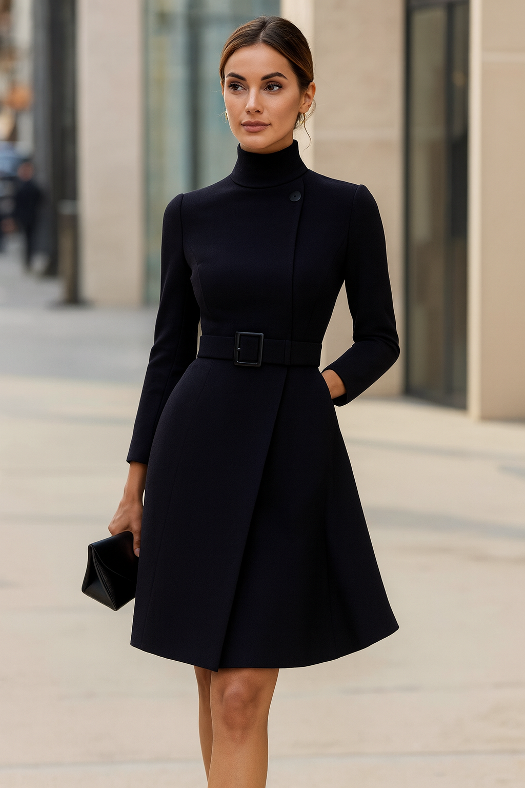 Woman wearing a black dress with a belt in an urban setting