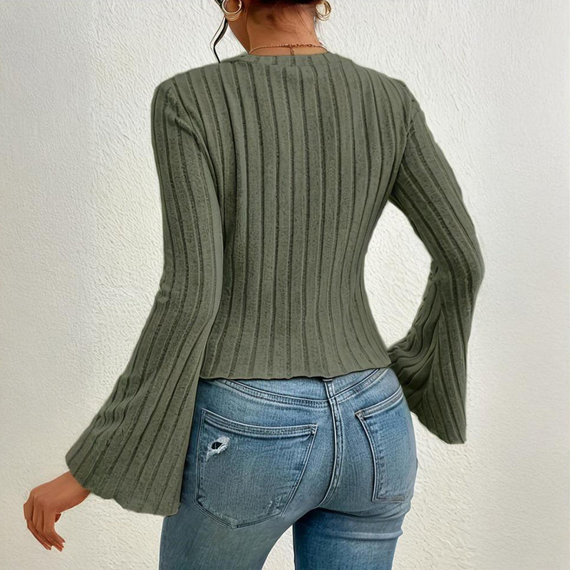 Women’s Long Bell-Sleeve Knit Pullover Top – Casual Blouse