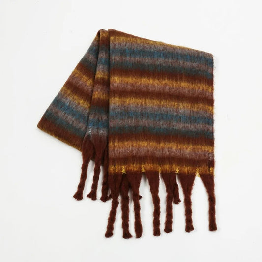 Fringe Contrast Striped Polyester Scarf – Stylish Layering Essential - GISTMI