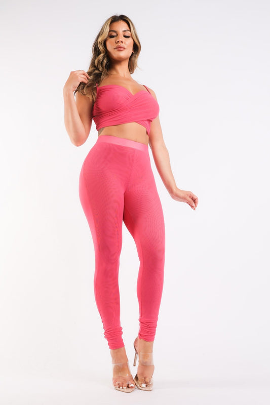 Mesh Contrast Sets Casual Sports Strappy Sleeve Top & Leggings FUCHSIA - GISTMI