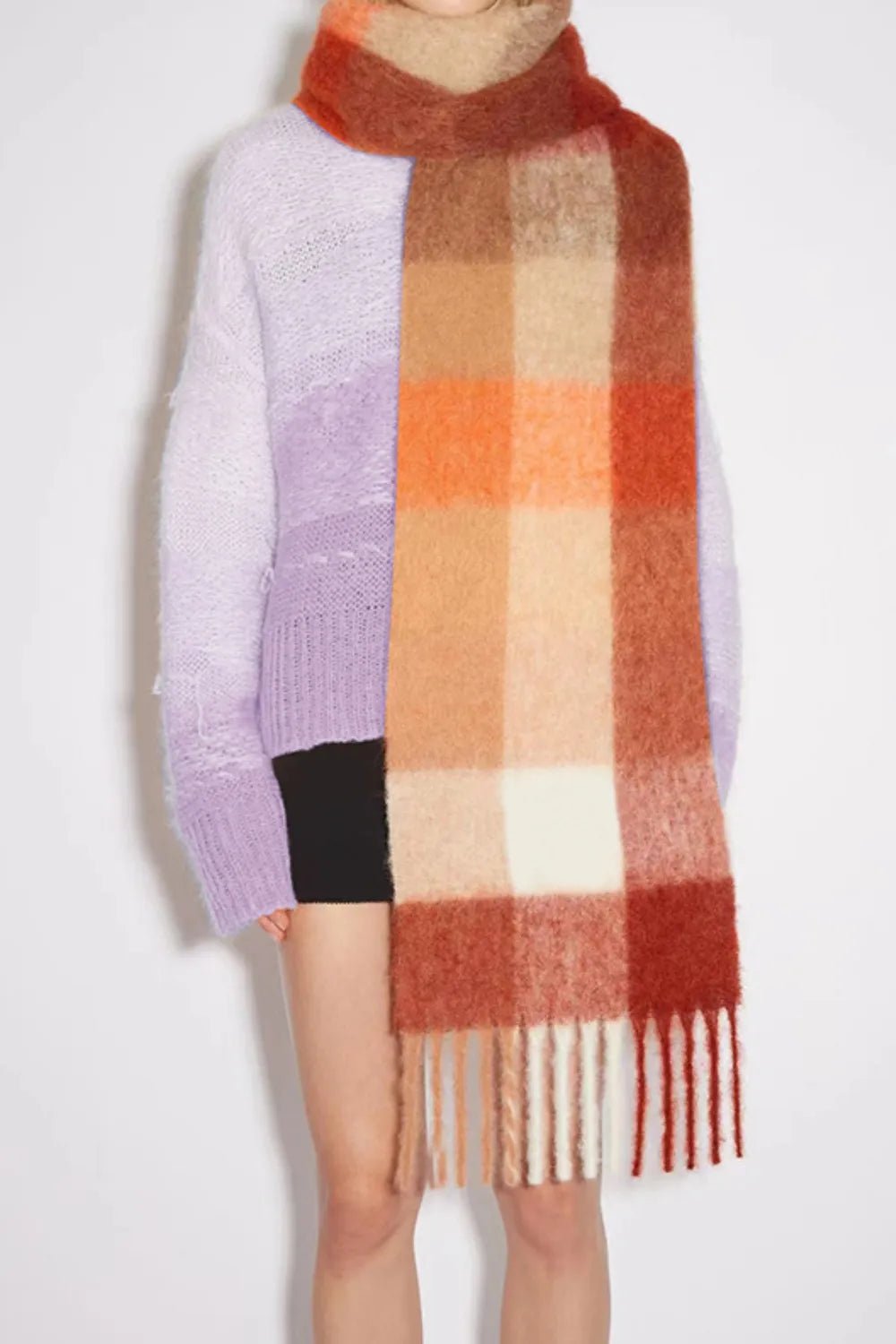 Thermal Fringe Contrast Plaid Scarf – Cozy Style With Bold Plaid Flair - GISTMI