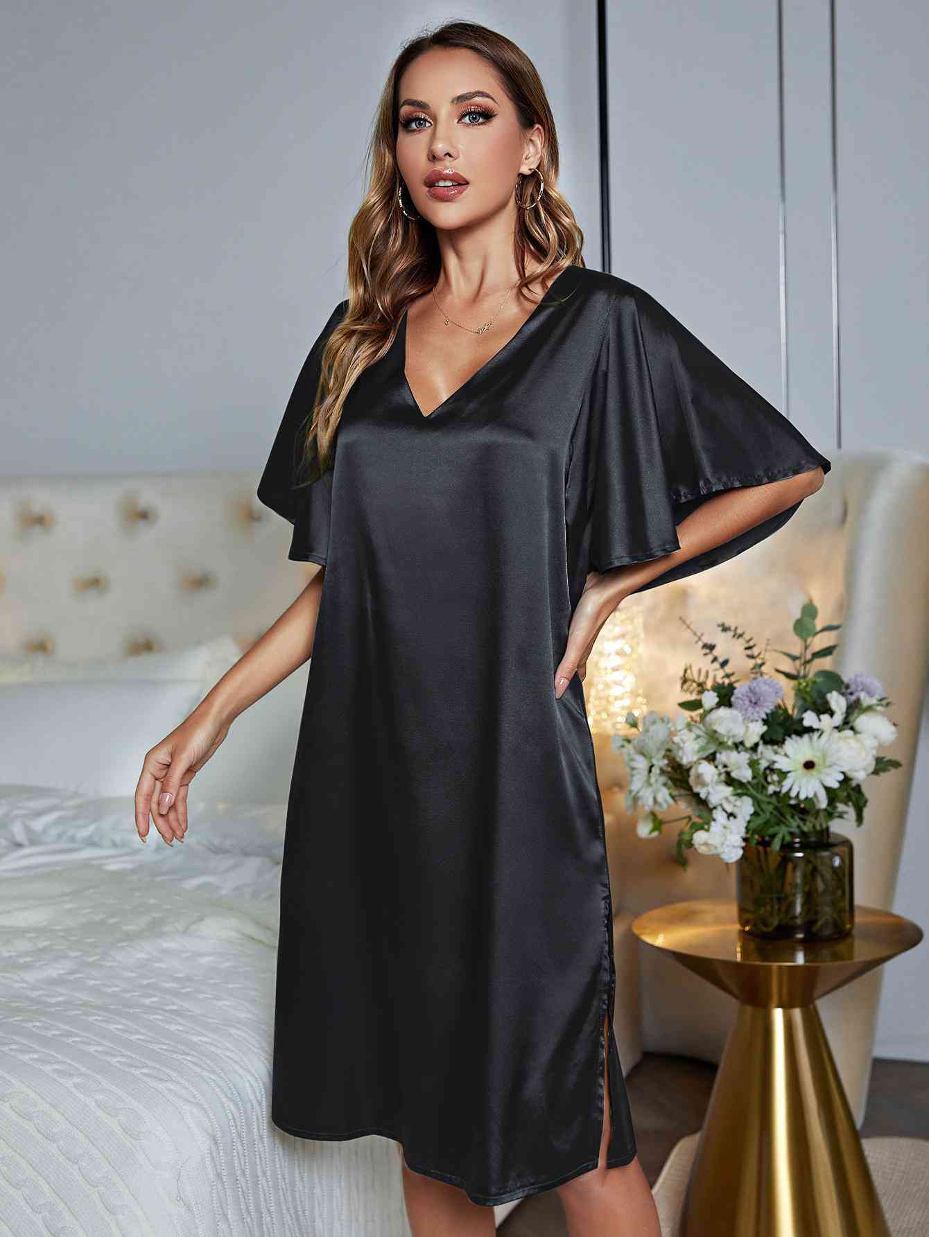 V - Neck Flutter Sleeve Night Dress – Women’s Soft & Comfortable Sleepwear - GISTMI