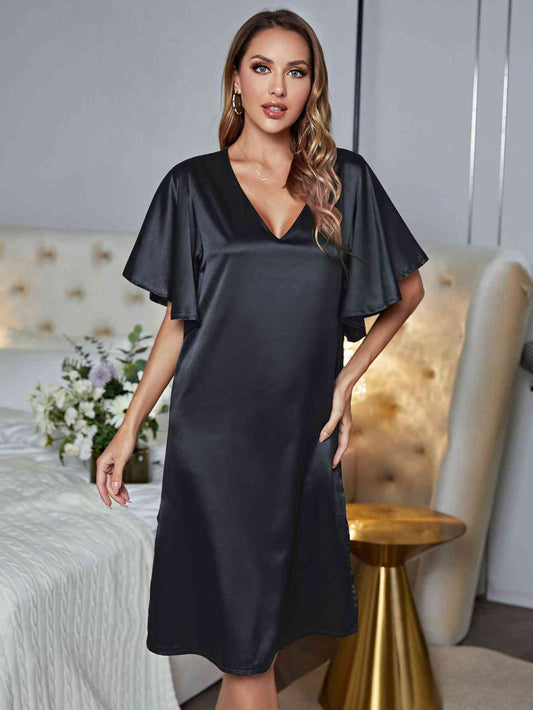 V - Neck Flutter Sleeve Night Dress – Women’s Soft & Comfortable Sleepwear - GISTMI
