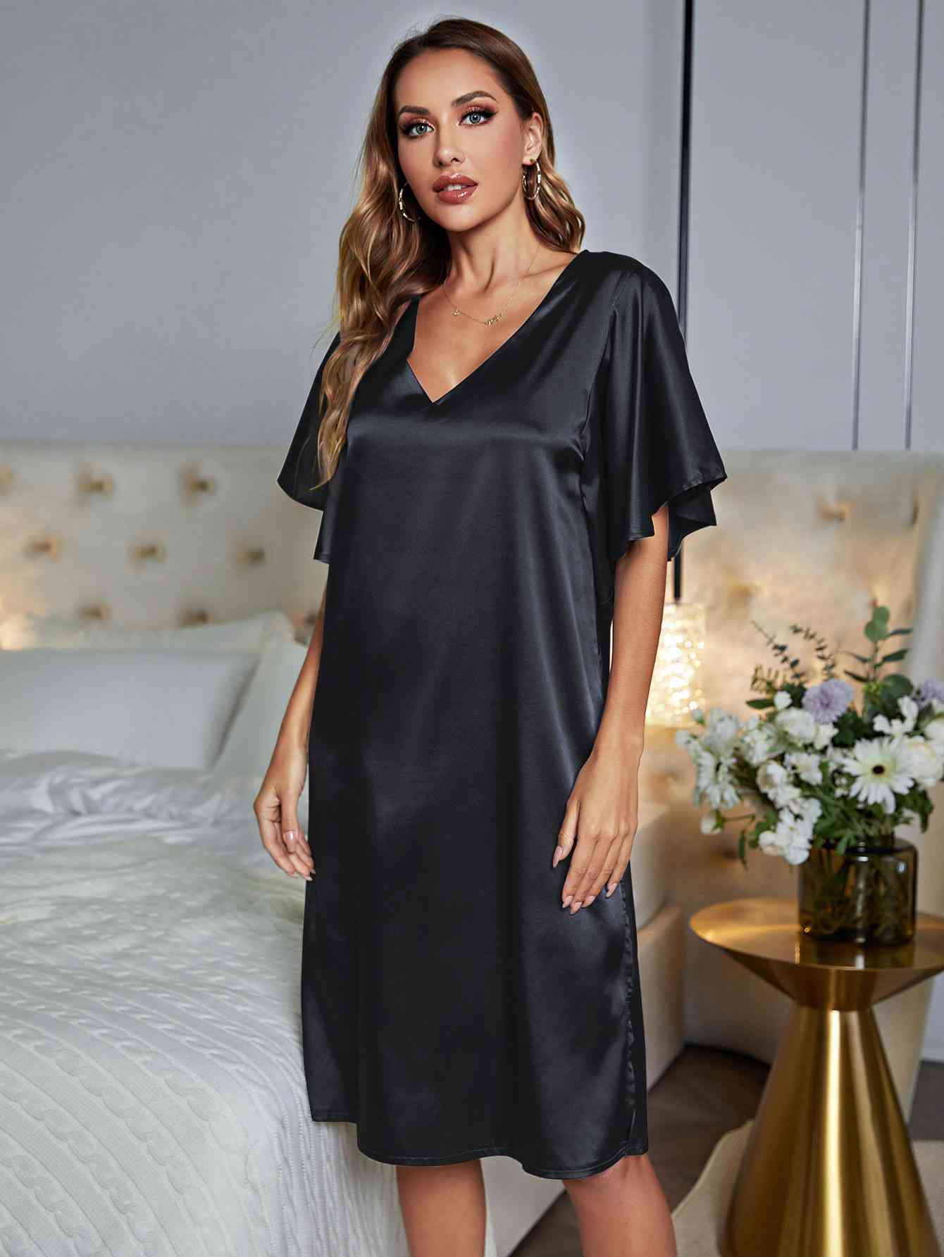 V - Neck Flutter Sleeve Night Dress – Women’s Soft & Comfortable Sleepwear - GISTMI