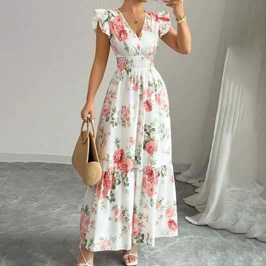 Women’s Casual Summer Maxi Dress – Flutter Short Sleeve, V - Neck, Smocked A - Line & Flowy - GISTMI