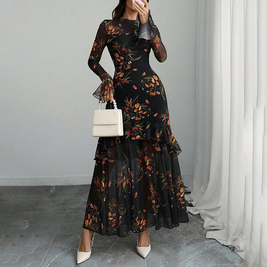 Women’s Floral Print Mesh Maxi Dress – Flare Sleeves & Tiered Ruffles (Boho Casual) - GISTMI