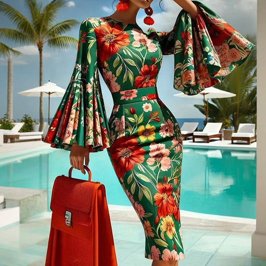 Women’s Floral Print Round‑Neck Bodycon Dress - GISTMI