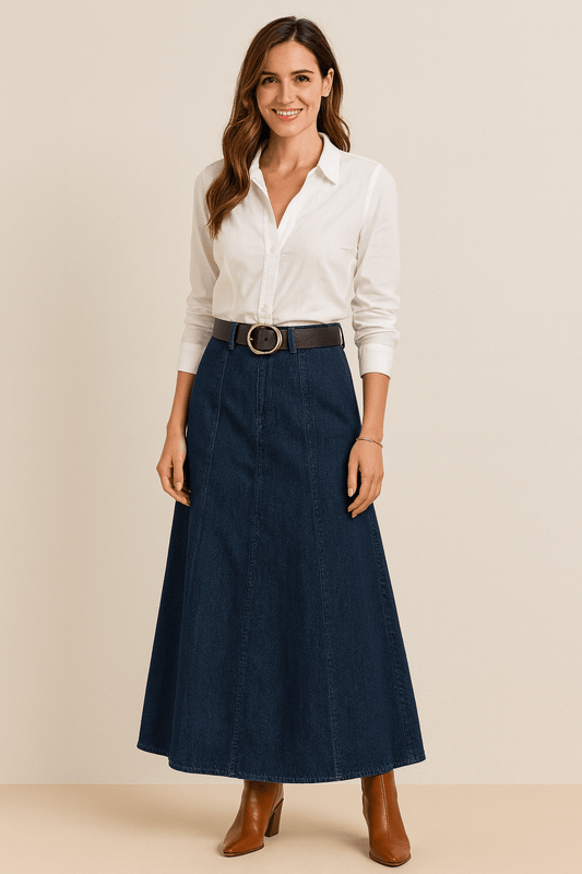 Women’s High - Waist Loose A - Line Cowboy Skirt – Medium Length Solid - GISTMI