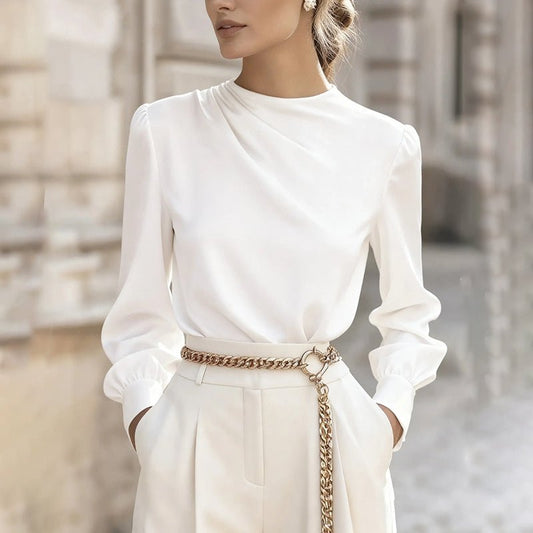 Women’s Pleated Long Sleeve Blouse – Round Neck Business Casual Work Top - GISTMI