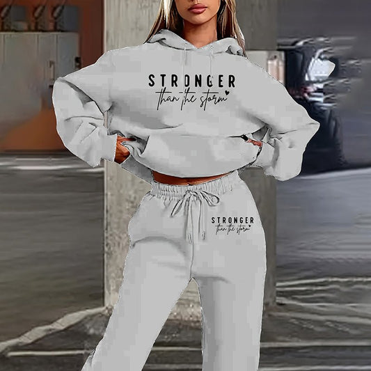 Women’s Solid 2‑Piece Set Letter Print Hoodie & Jogger Pants Casual Tracksuit - GISTMI