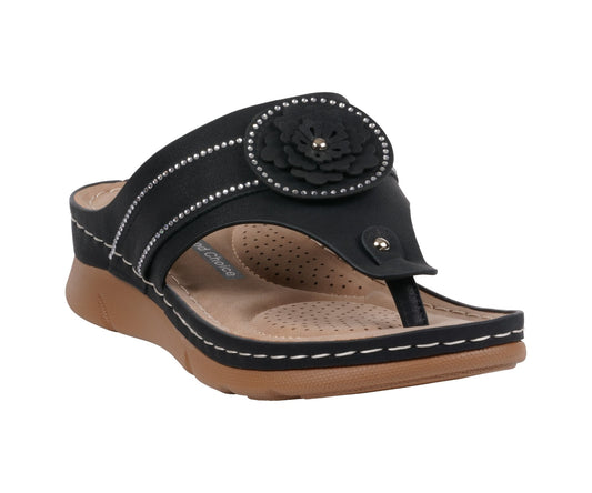 Women’s Vickie Black Flower Thong Flat Comfort Sandals - GISTMI
