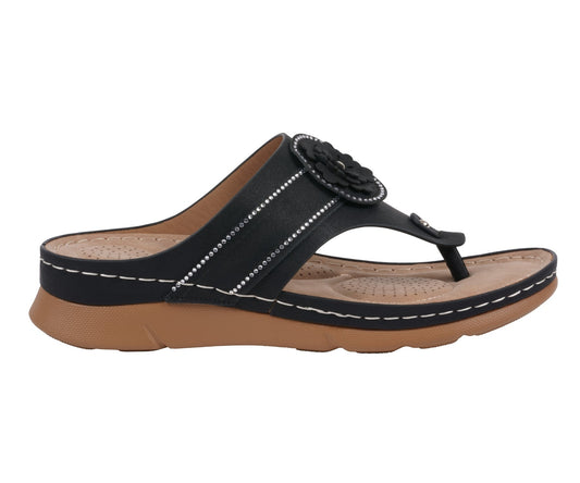Women’s Vickie Black Flower Thong Flat Comfort Sandals - GISTMI