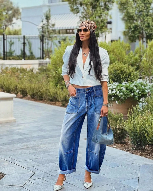 Women’s Wide - Leg Cargo Jeans – Light Blue Wash - GISTMI